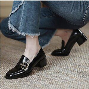 YDN Black Square Toe Heeled Loafers Slip on Block Low Heel Pumps Buckle Shoes